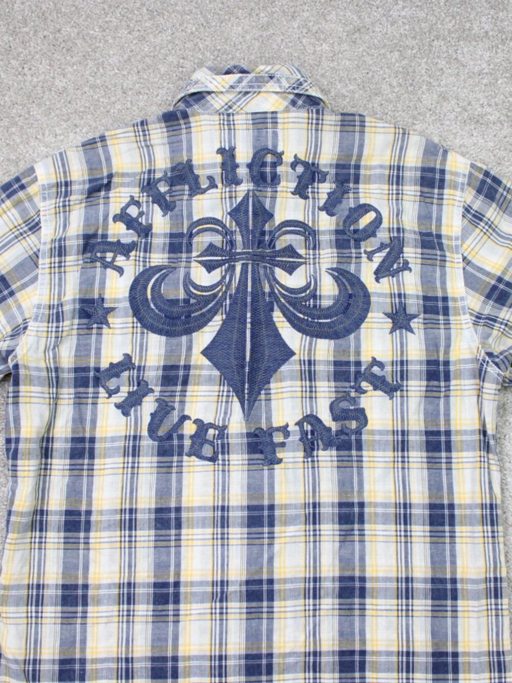 Affliction Black Premium Shirt Mens Large Blue/Yellow Plaid Short Sleeve Logo
